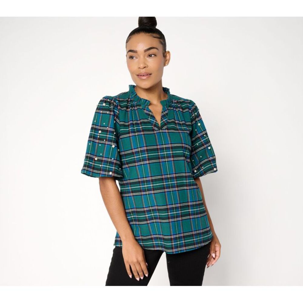 Liberare Women's Top Plus Sz 1X Tartan Pearl Trimmed Green